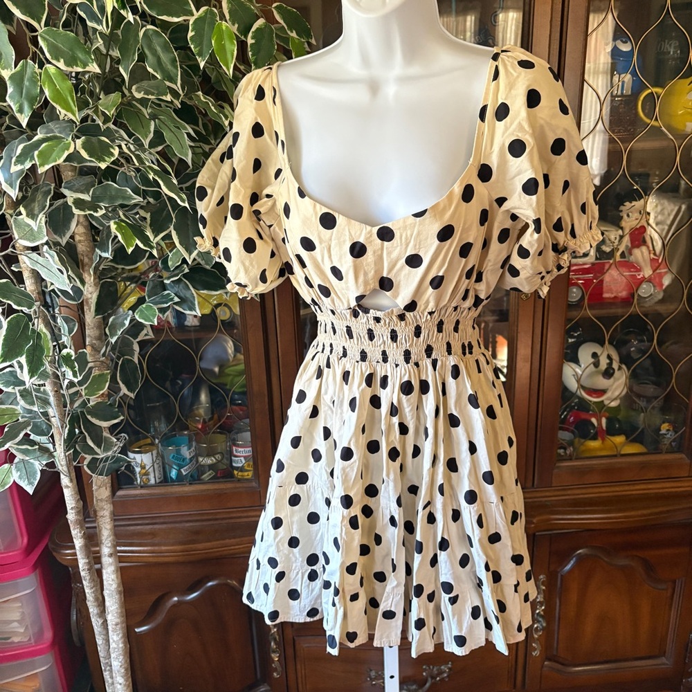 Rue Stiic Black and White Polkadot Sweetheart Neckline Puff Sleeve A-line Dress